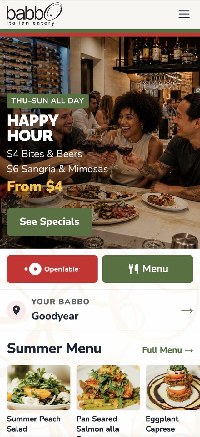 The new babboitalian.com on a phone: happy hour specials, reservations, menu and the guest's nearest location